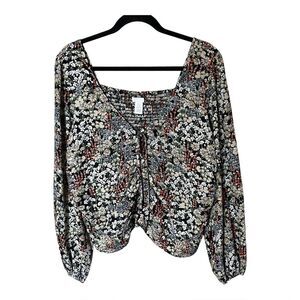 H & M Black Floral Long Sleeve Cropped Blouse Top Shirt with Ruching Size XL